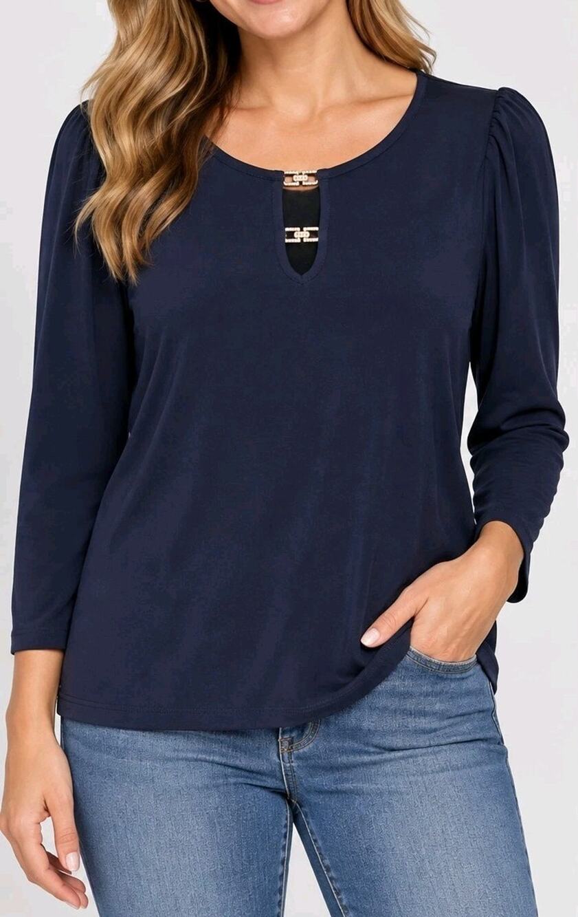 Susan Graver XS Navy Liquid Knit Top With Embellished Trim Neck A796718 NWOT